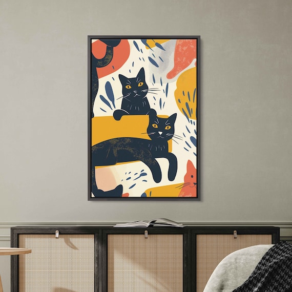 Black Cats Lounging Matisse Style Painting Playful Modern Feline Art Poster