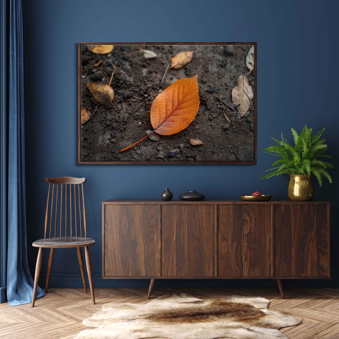Single Orange Autumn Leaf On Dark Soil Macro Nature Photography Poster