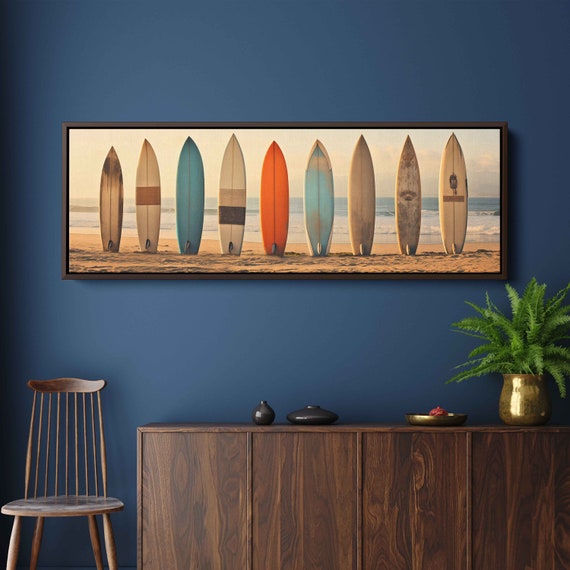 Vintage Surfboards Lined Up Along Beach Shoreline Wall Art Print Lake House Decor Gift For Surfer Ready To Hang