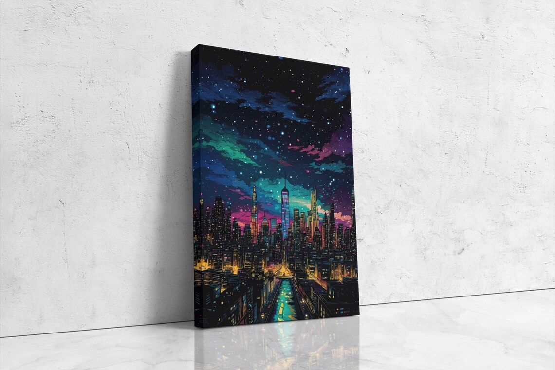 Comic City Street Night Stars Neon Lights Urban Wall Art Poster - Image 4