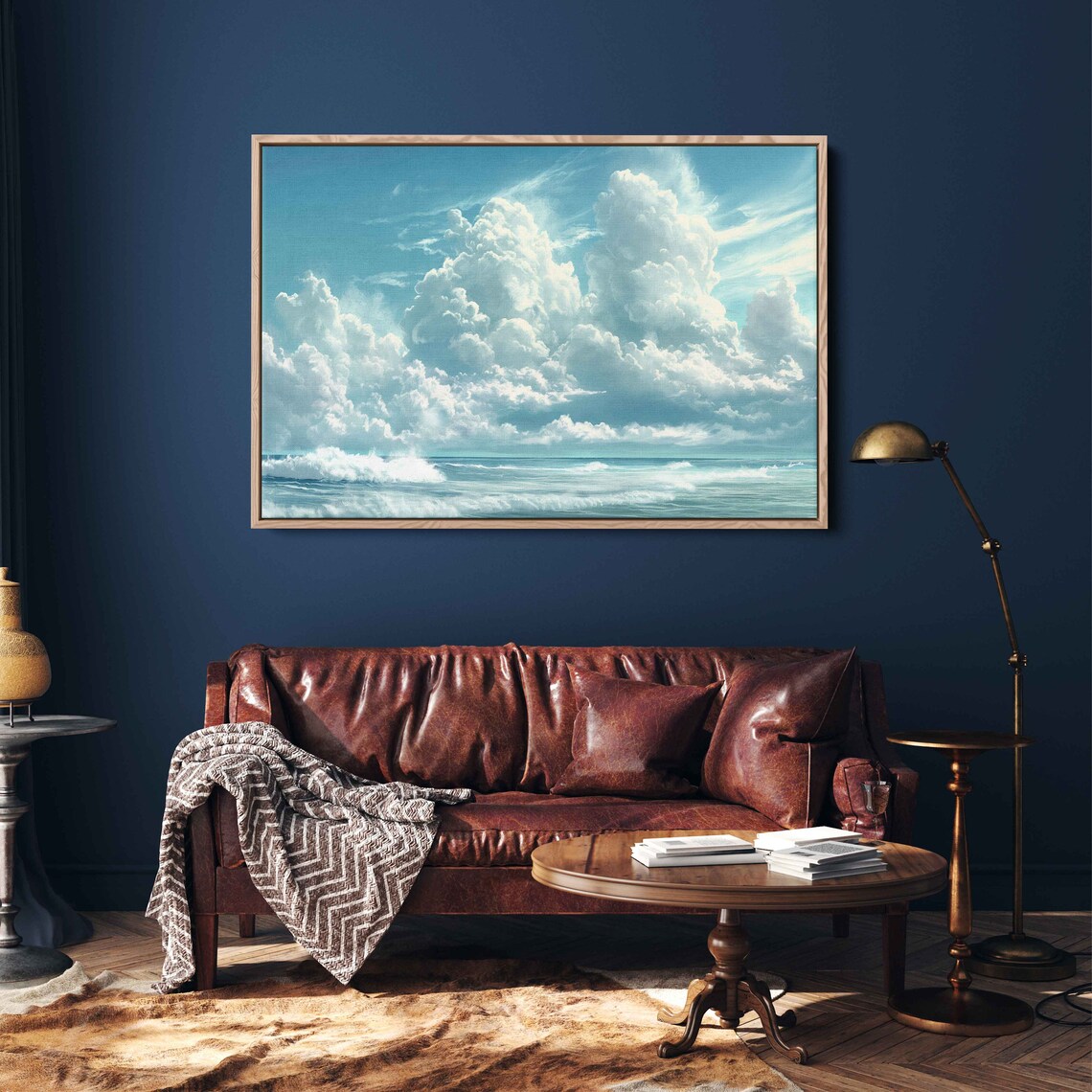 White Cumulus Clouds Turquoise Ocean Waves Calm Seascape Coastal Wall Poster