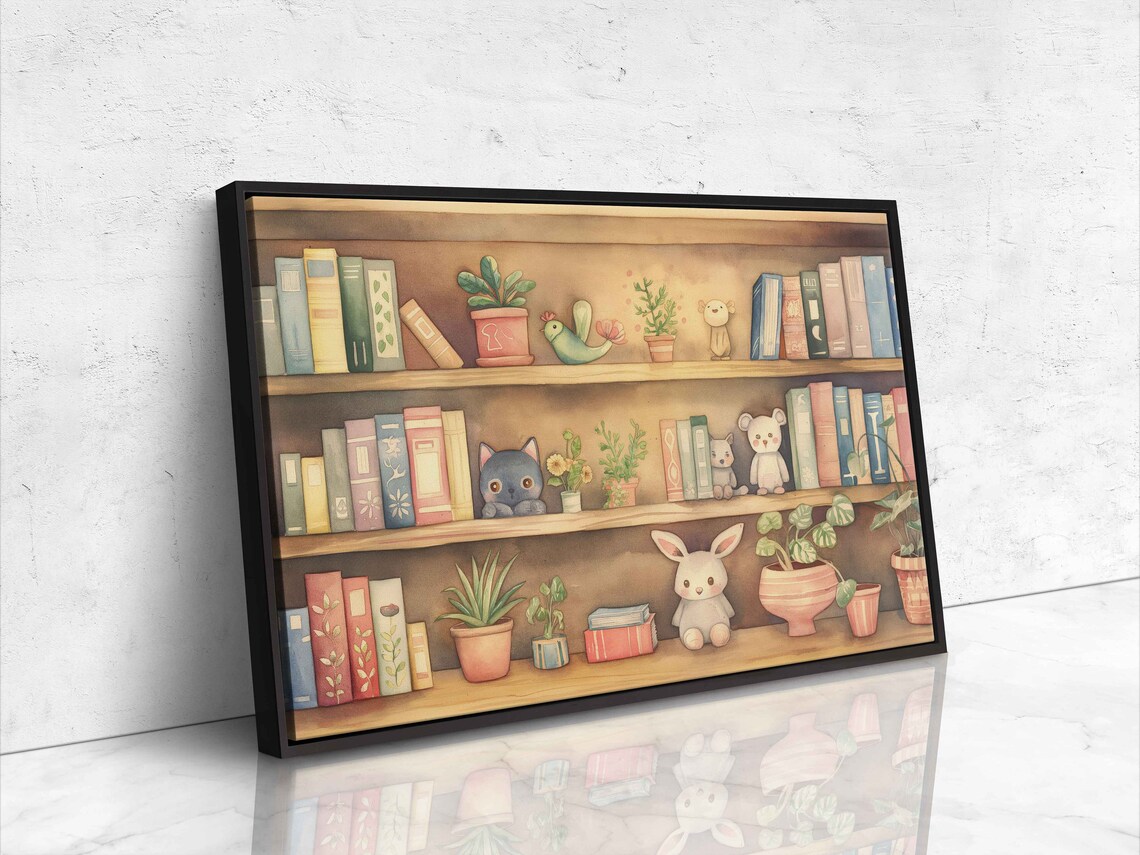 Watercolor Bookshelf With Cute Stuffed Animals and Plants Nursery Wall Poster - Image 4