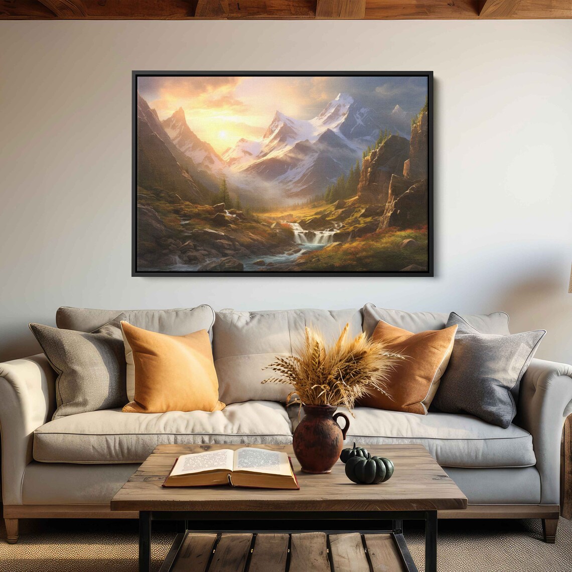 Captivating Sunlit Landscape Painting Mountain Valley Forest Framed Print Ready To Hang - Image 3