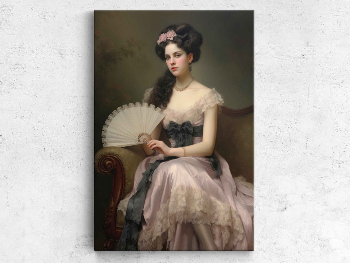 Vintage Lady Pink Dress Fan Classical Portrait Elegant Wall Art