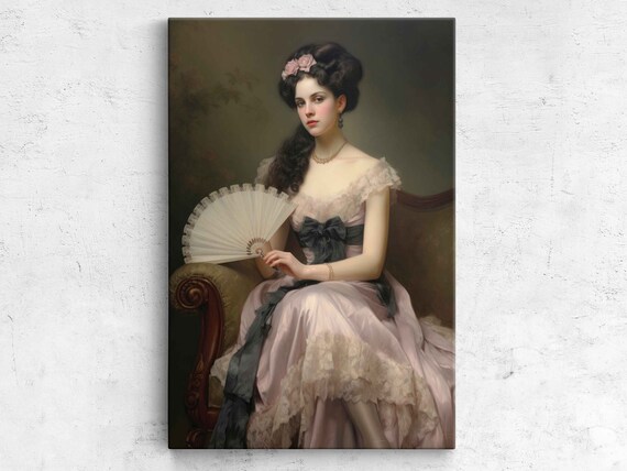 Vintage Lady Pink Dress Fan Classical Portrait Elegant Wall Art