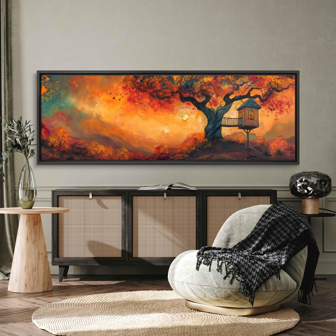 Autumn Treehouse Gnarled Old Tree Fiery Sunset Panoramic Poster - Image 3