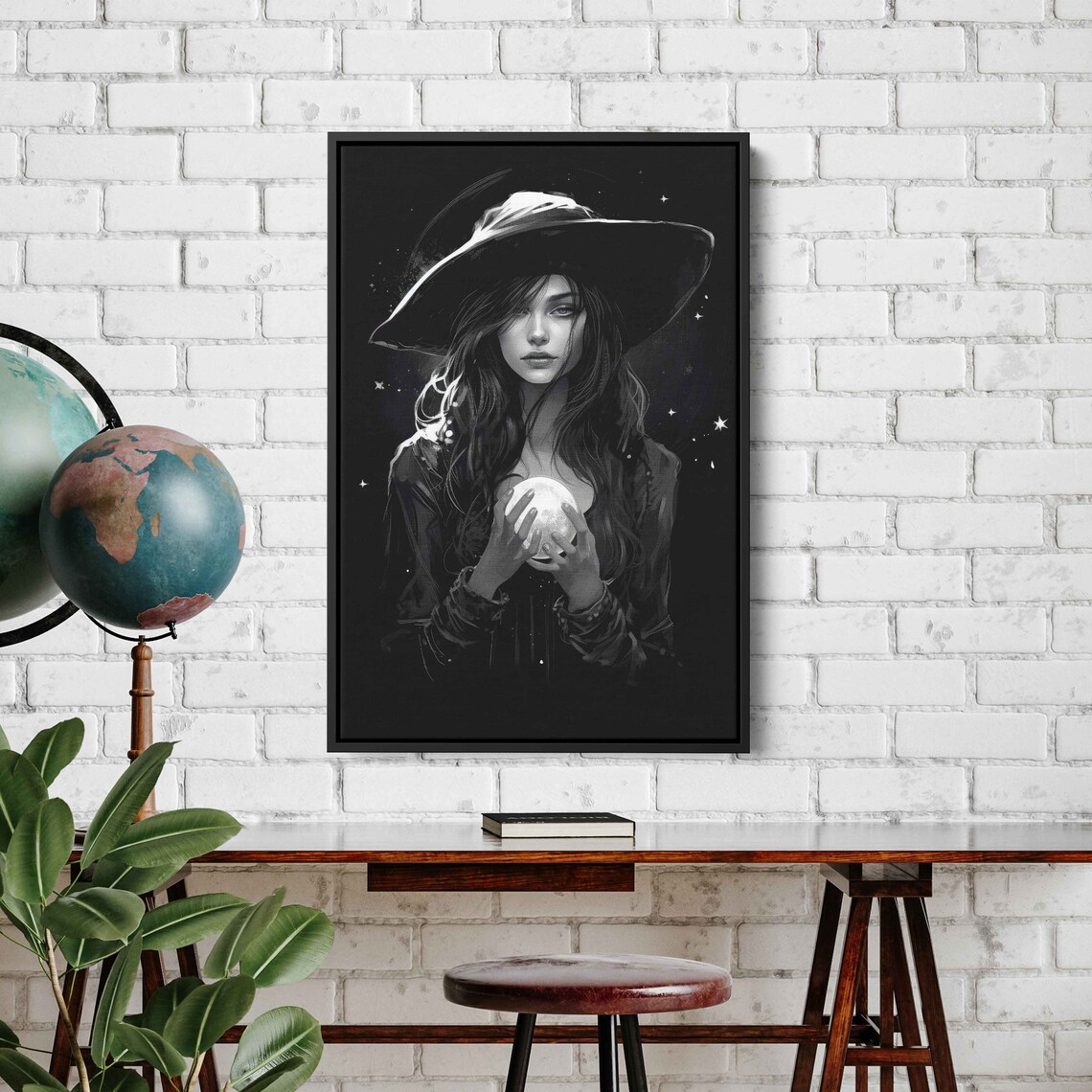 Witch Holding Crystal Ball Black White Wide Brim Hat Stars Halloween Art Print - Image 3