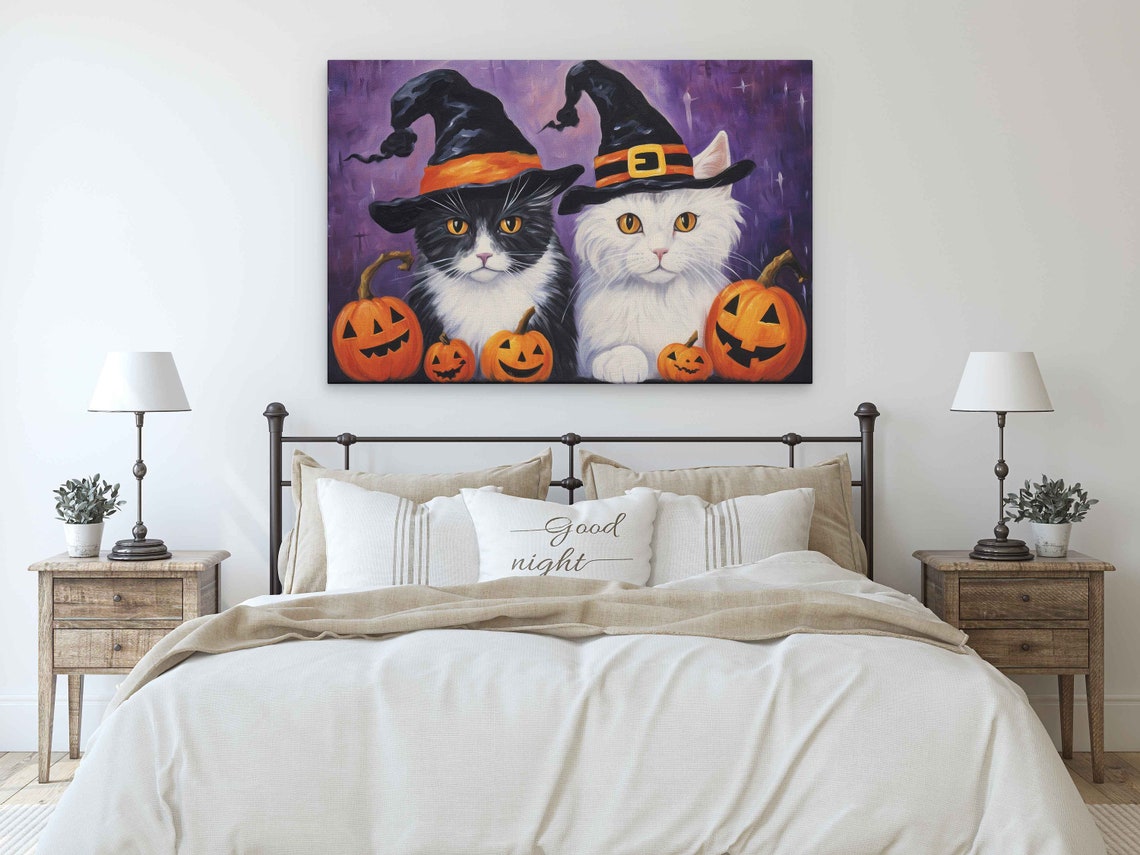 Cute Halloween Cat Wizards Oil Painting Framed Reproduction Print Ready To Hang - Image 4