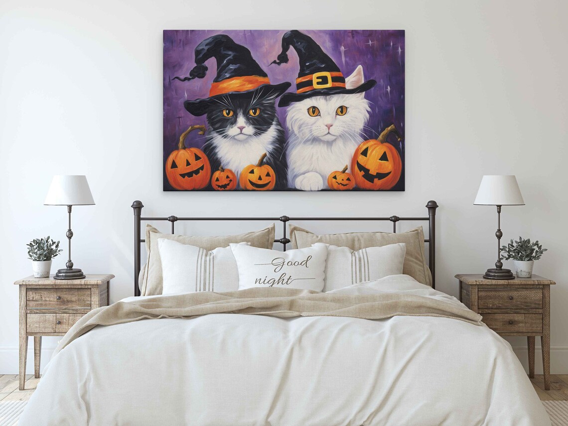 Halloween Witch Cats Jack O Lanterns Cute Black White Cat Painting Print - Image 4