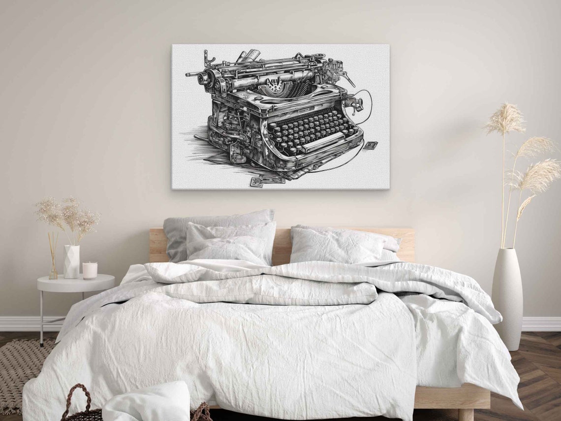 Typewriter Expressionist Pencil Art Drawing Illustration On Ready To Hang Gift For Writers Library Decor - Image 2