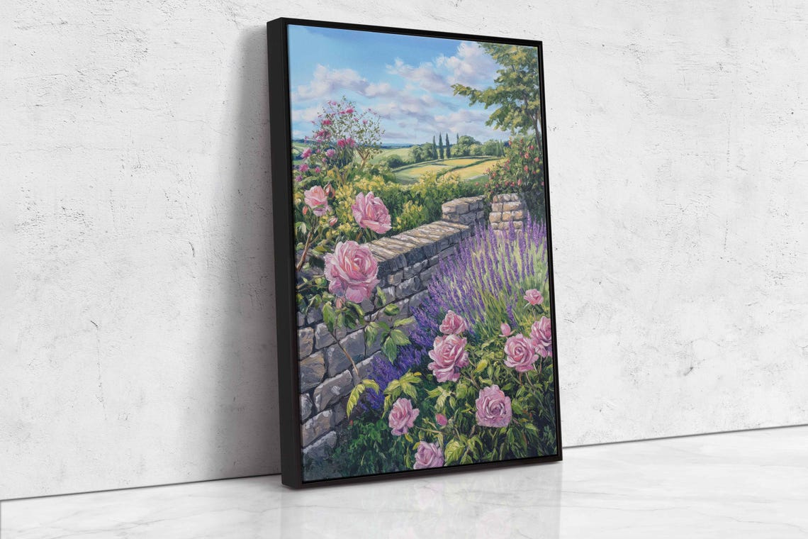 Blooming Pink Roses and Lavender by an Old Stone Garden Wall Poster - Image 4