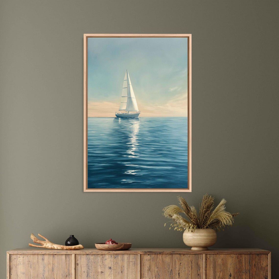 Lone Sailboat On Glassy Calm Sea Under Soft Pastel Sunset Sky Poster