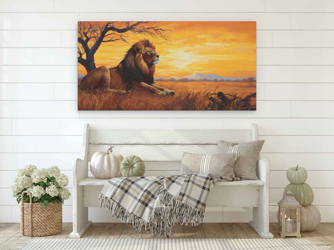 Majestic Lion Resting Golden Savanna Sunset Acacia Tree Wildlife Art Poster - Image 2