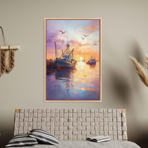 Vintage Fishing Boats Returning at Sunset with Seagulls Harbor Painting Poster