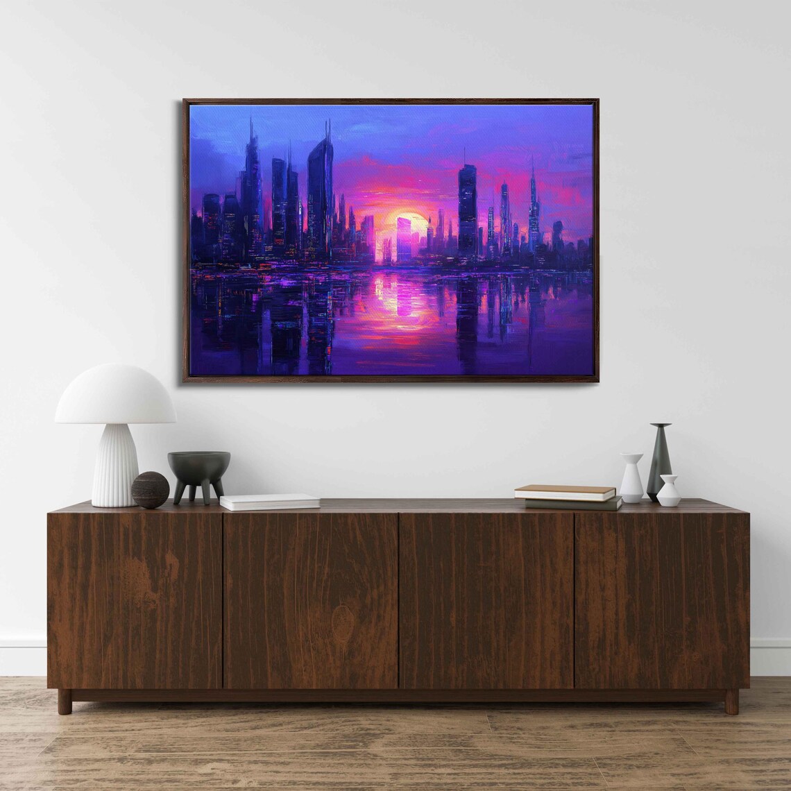 Futuristic City Skyline, Vibrant Sunset Reflection