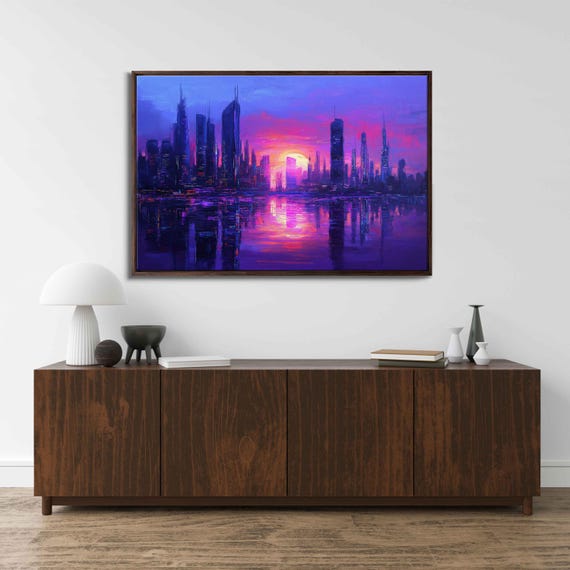 Futuristic City Skyline, Vibrant Sunset Reflection