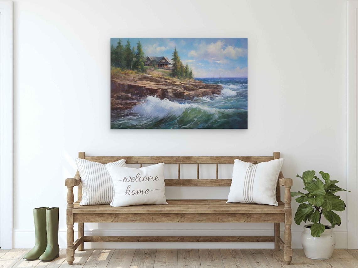 Grand Marais Minnesota Rocky Shoreline Crashing Waves Cabin Oil Painting Poster - Image 2