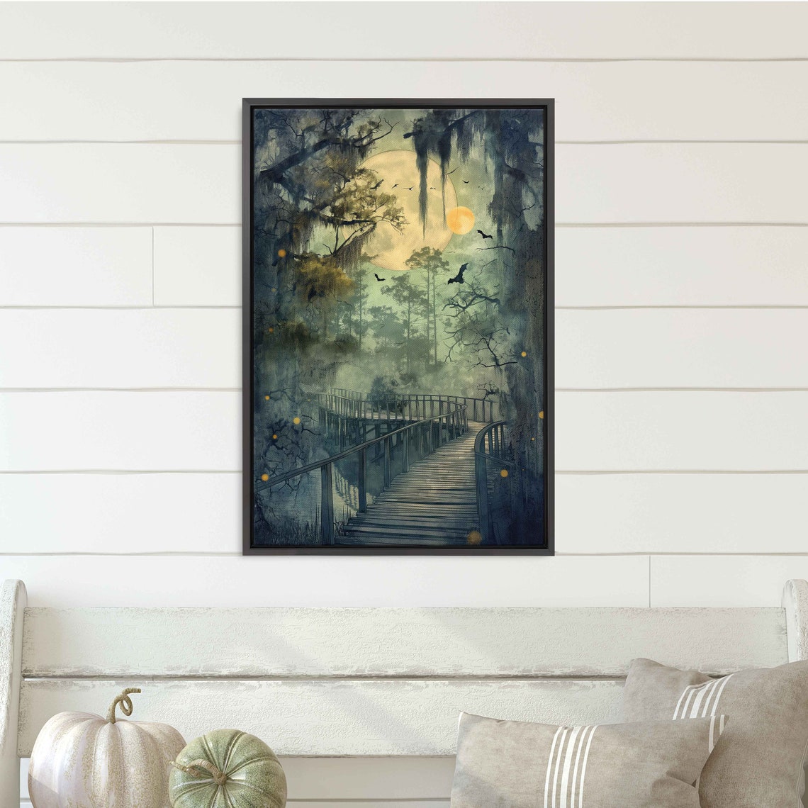 Misty Swamp Boardwalk Under Full Moon Bats Fireflies Night Poster
