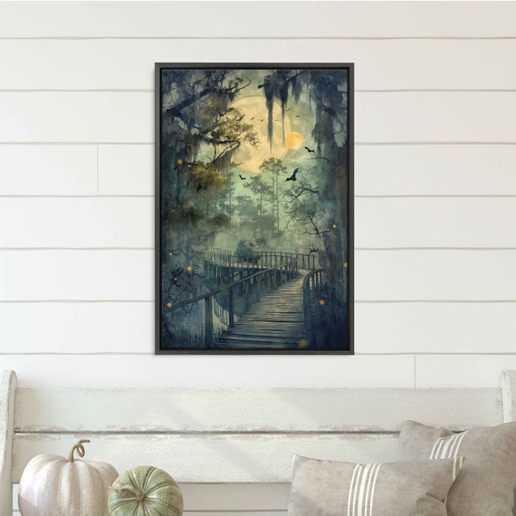 Creaky Old Wooden Bridge Spanning Over Misty Swamp Wall Art Print Moonlit Enchanted Foggy Marsh Flying Bats Ready To Hang