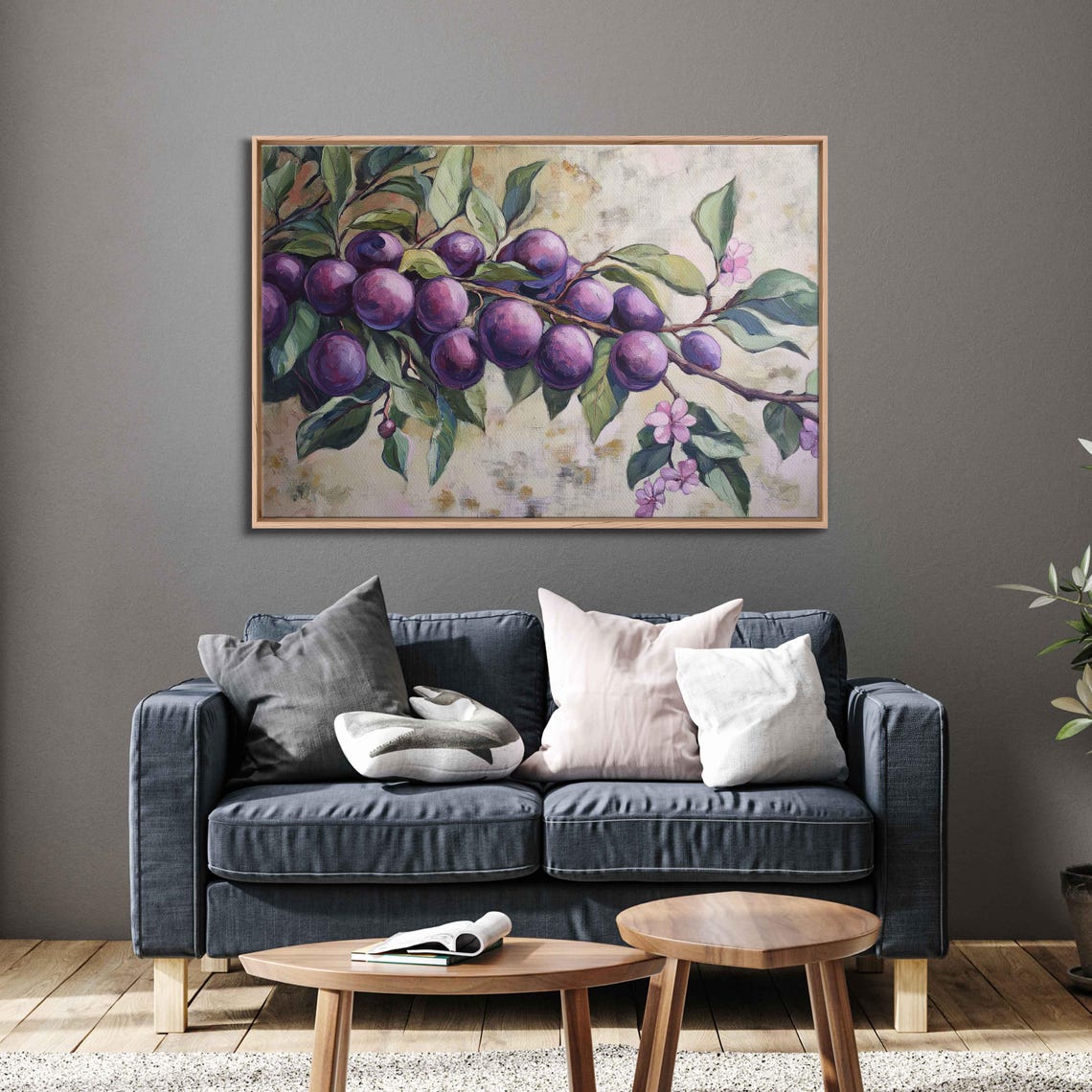 Ripe Purple Plums On Branch With Pink Blossom Botanical Art Print