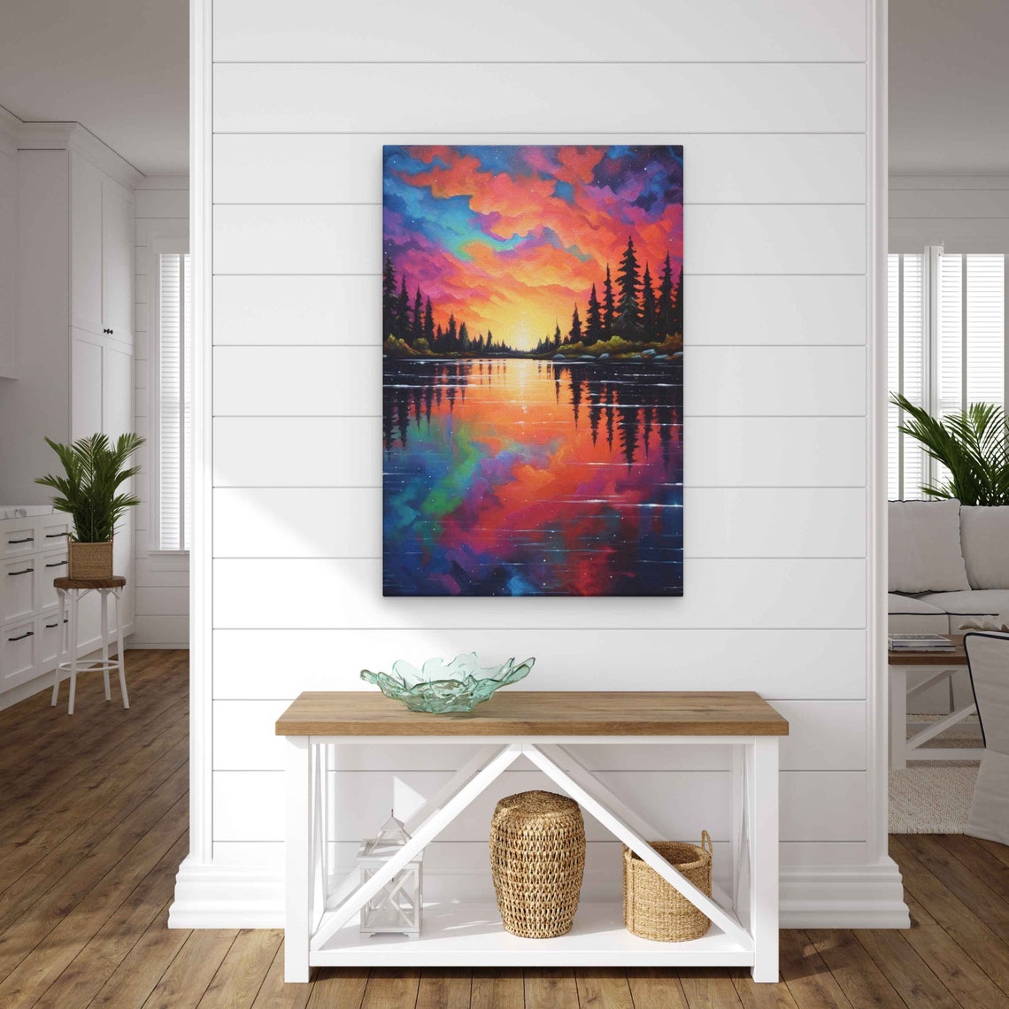 Neon Colorful Lake With Abstract Clouds Painting Framed Print Ready To Hang Neon Art Living Room Decor - Image 3