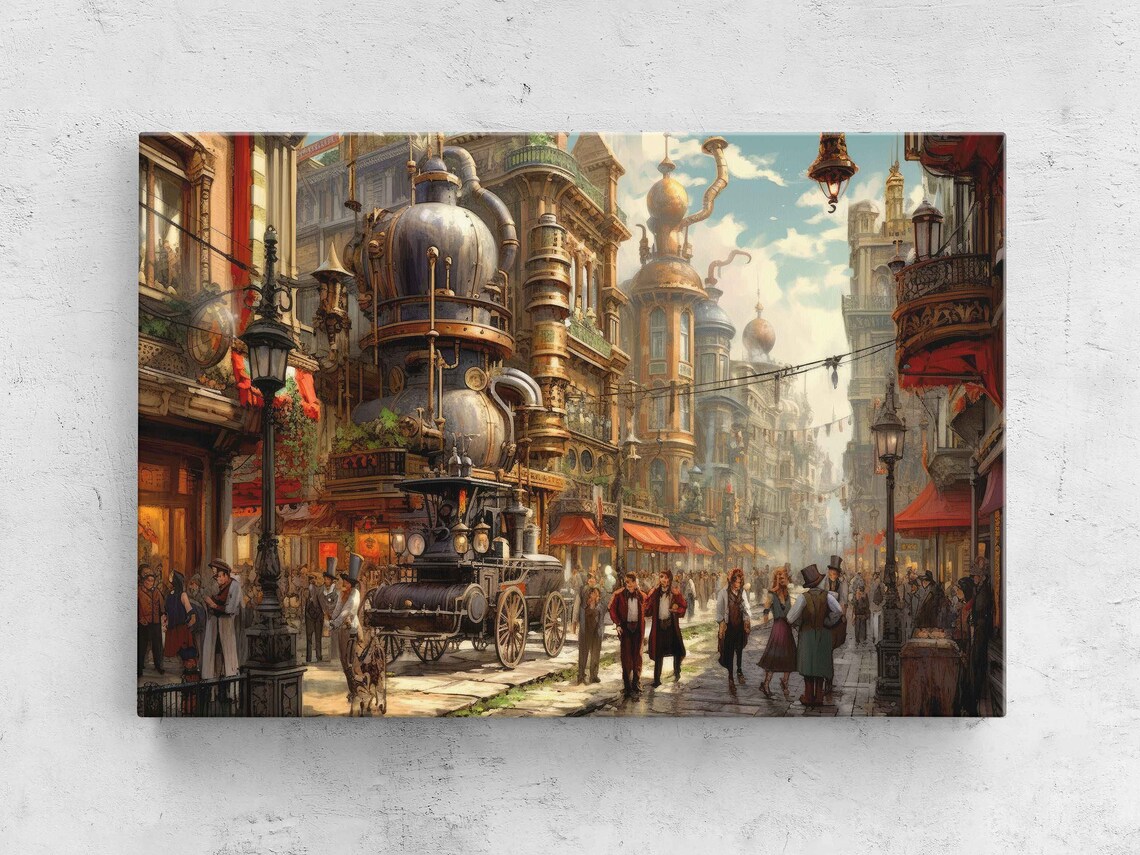 Steampunk City Streets, Vintage Cityscape Art Print