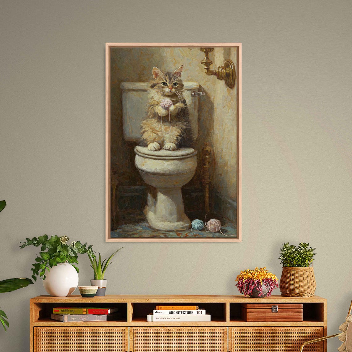 Whimsical Kitten With Yarn Ball On Toilet Vintage Bathroom Cat Poster