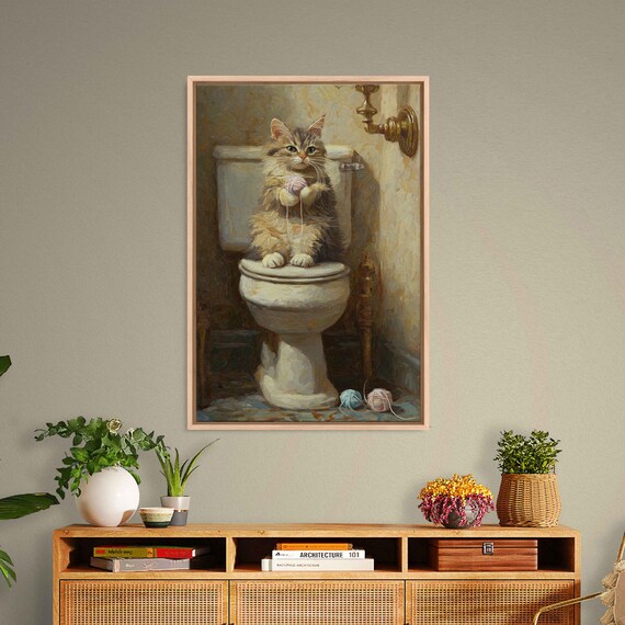 Whimsical Kitten With Yarn Ball On Toilet Vintage Bathroom Cat Poster