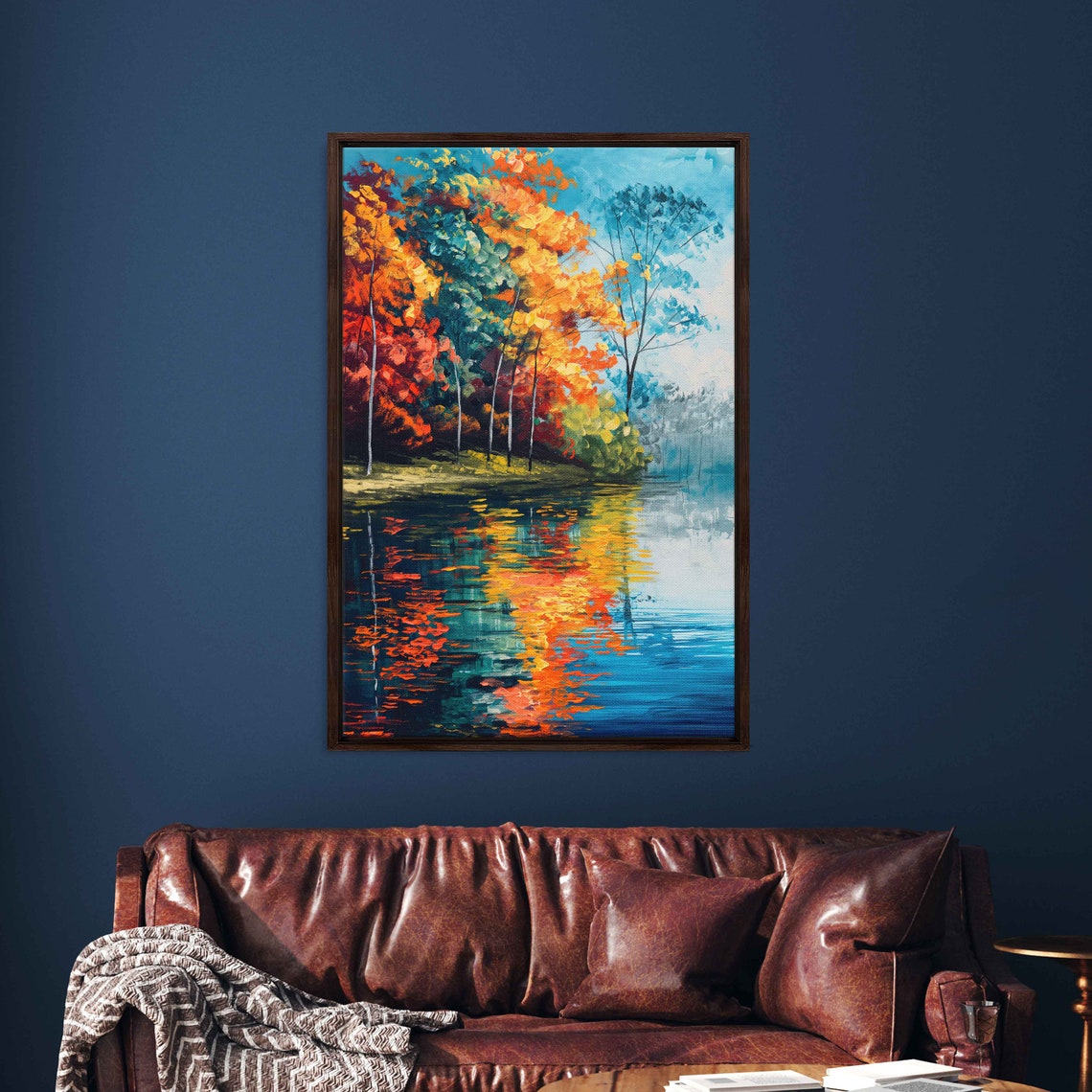 Colorful Autumn Trees Reflected In Blue Lake Acrylic Painting Poster - Image 3