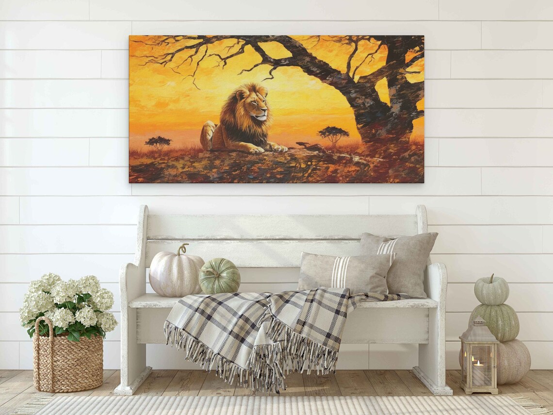 Lion Lying Under Tree Fiery Sunset Sky African Savanna Wildlife Art Poster - Image 2
