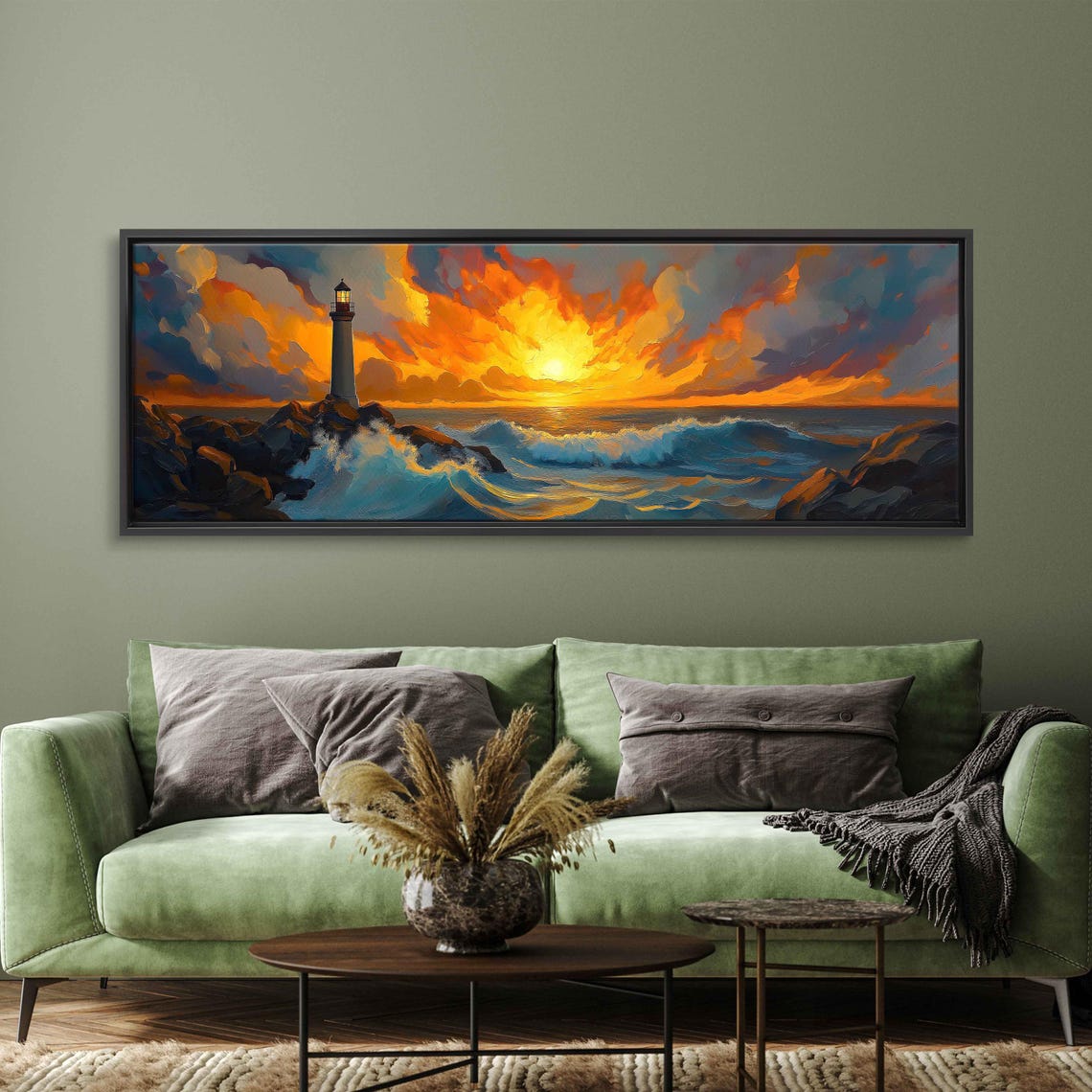 Lighthouse Sunset Fiery Orange Clouds Rocky Coast Ocean Waves Poster - Image 3