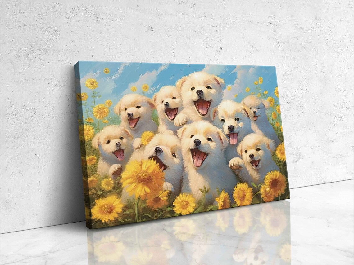 Fluffy White Puppies Sunflower Field Joyful Dog Lovers Art Print - Image 4