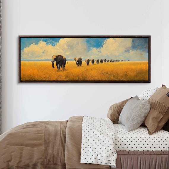 Herd of Elephants Crossing Golden Savanna Grassland Panoramic Wildlife Poster