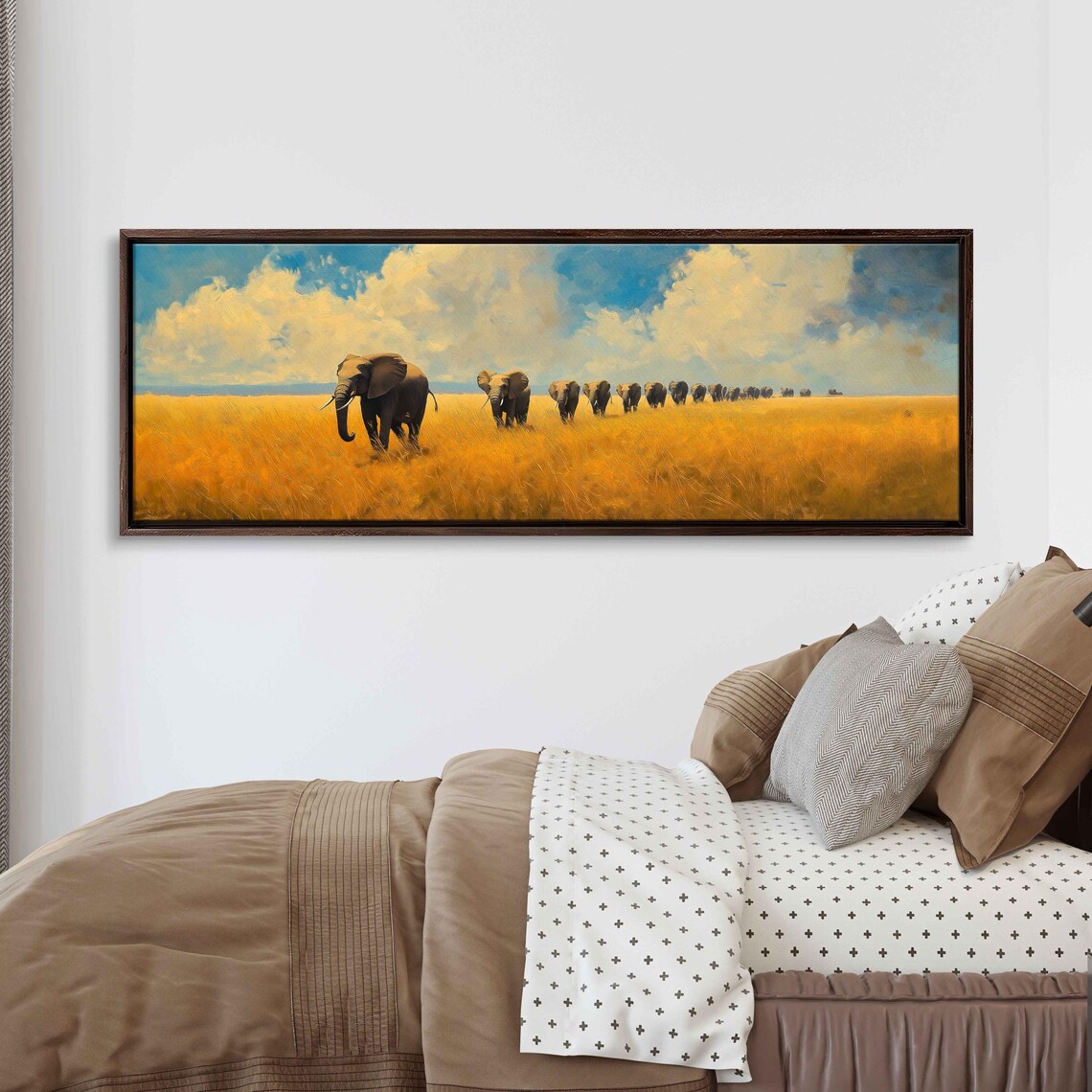 Herd of Elephants Crossing Golden Savanna Grassland Panoramic Wildlife Poster