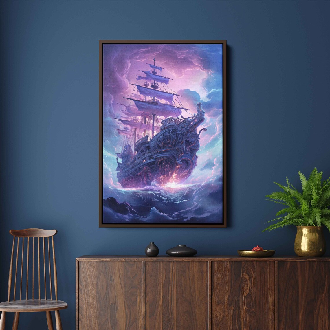 Fantasy Pirate Galleon Purple Neon Moonlit Clouds Ghost Ship Wall Art Poster - Image 3