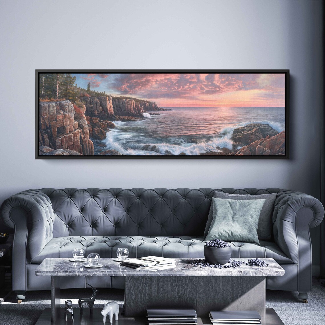 Rocky Cliff Coastline Crashing Waves Pink Sunset Panoramic Ocean Wall Poster - Image 2