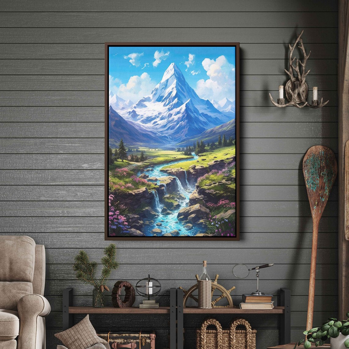Snowy Cloudy Mountain Painting With Winding River Print On Framed Options Ready To Hang - Image 3