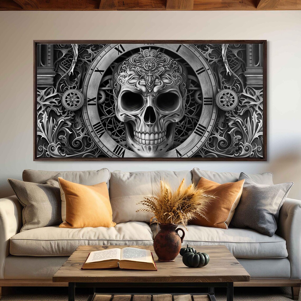Ornate Skull Clock Roman Numerals Gears Baroque Ink Art Halloween Poster - Image 3