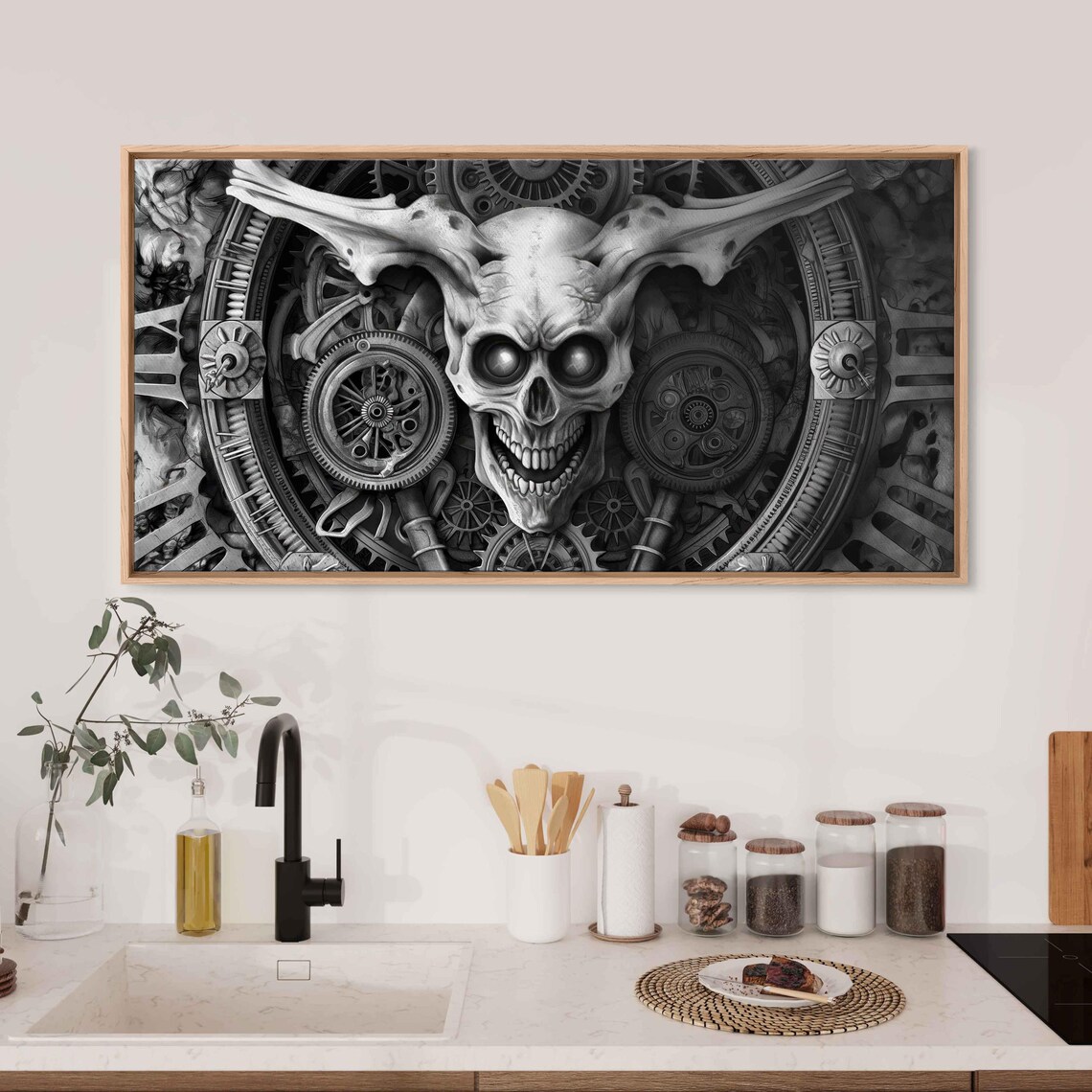 Ornate Skull With Horns Inside Clockwork Gears Monochrome Steampunk Art Print - Image 3