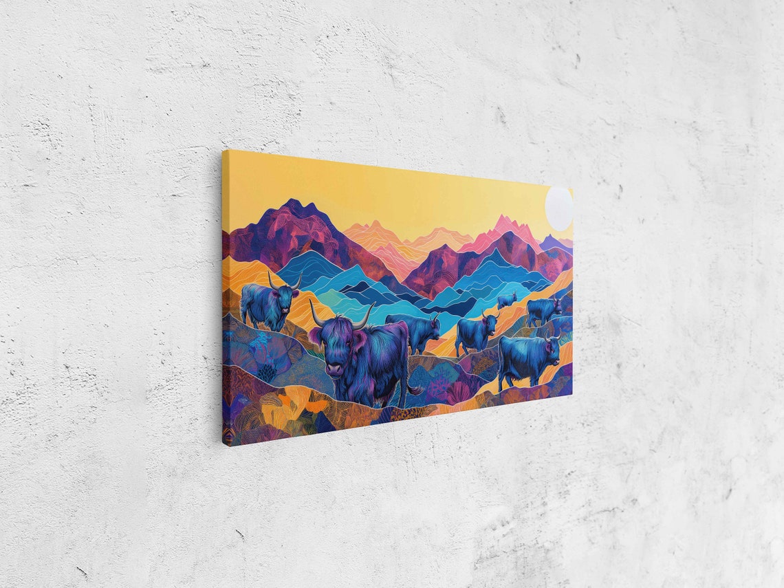 Blue Highland Cattle Sunset Mountains Colorful Folk Art Poster - Image 4