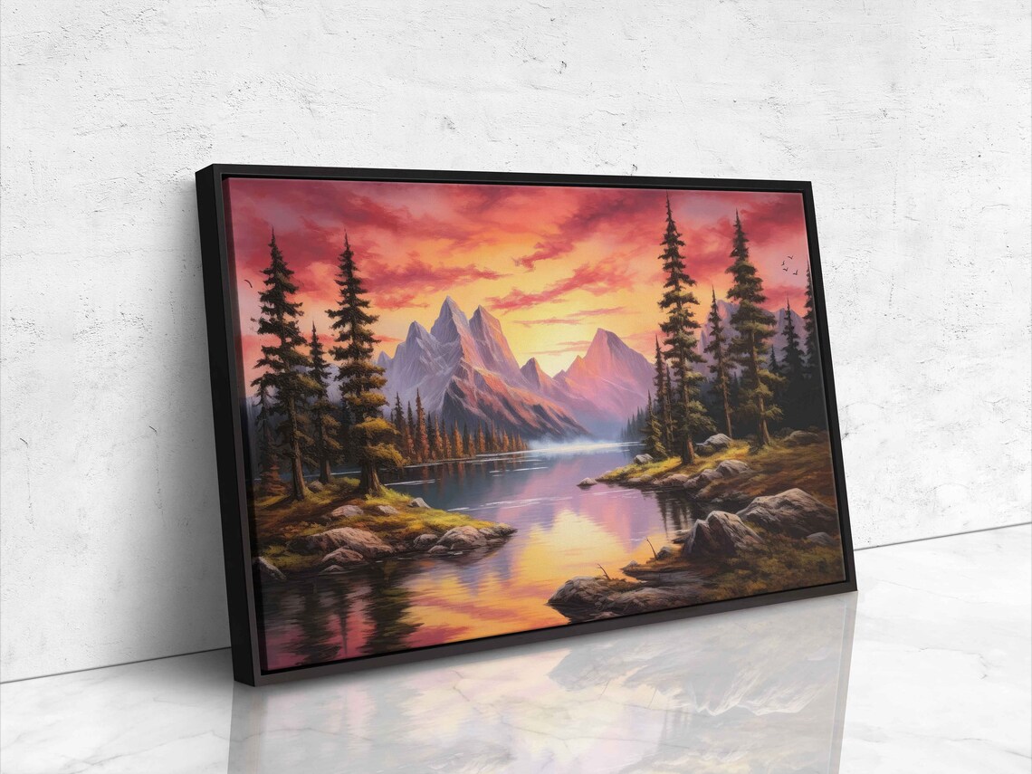 Colorful Lake Landscape Sunset Oil Painting Art Print - Image 4