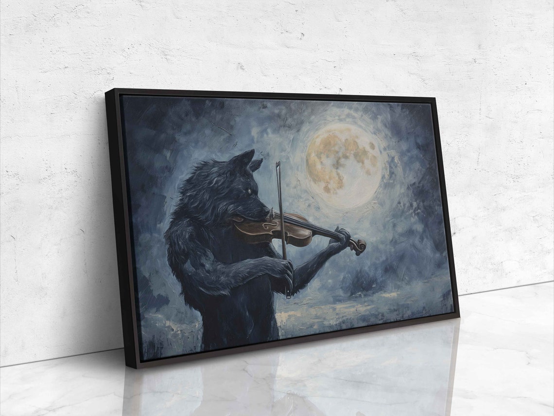 Werewolf Playing Violin Under Full Moon Night Sky Painting Poster - Image 4