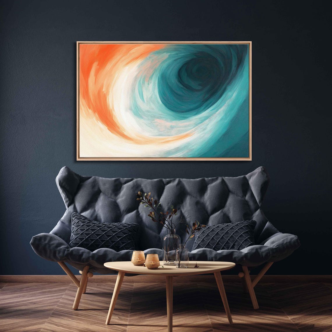 Abstract Teal and Orange Ocean Swirl Painting Modern Wall Art Poster - Image 3