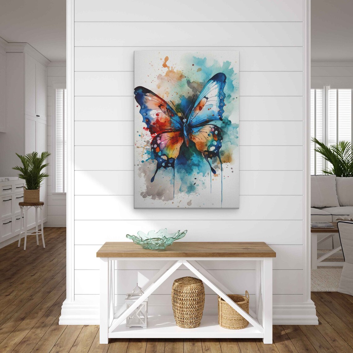 Colorful Watercolor Butterfly Blue And Orange Floral Splash Wall Art - Image 2
