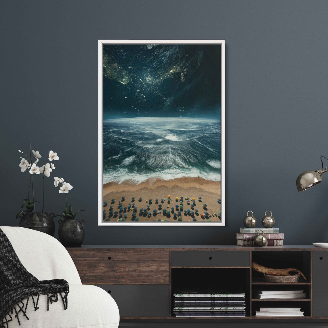 Starry Night Aerial Beach With Ocean Waves Umbrella Pattern Poster