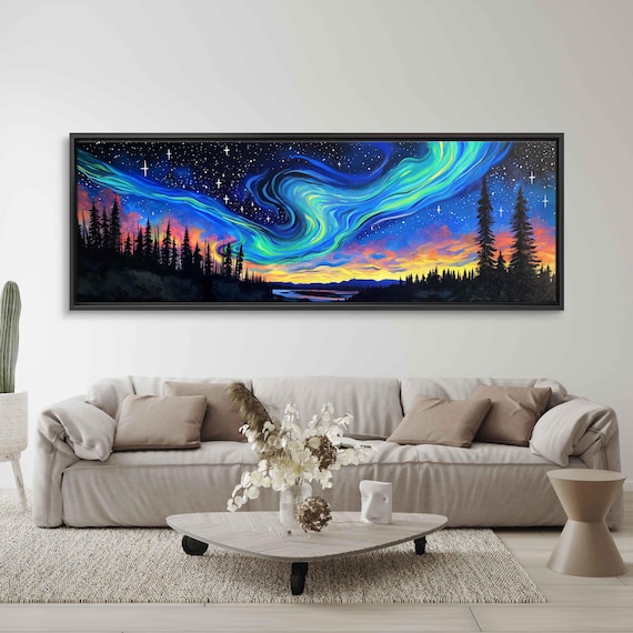 Northern Lights Aurora Ribbons Over Dark Pine Forest Sunset Sky Poster