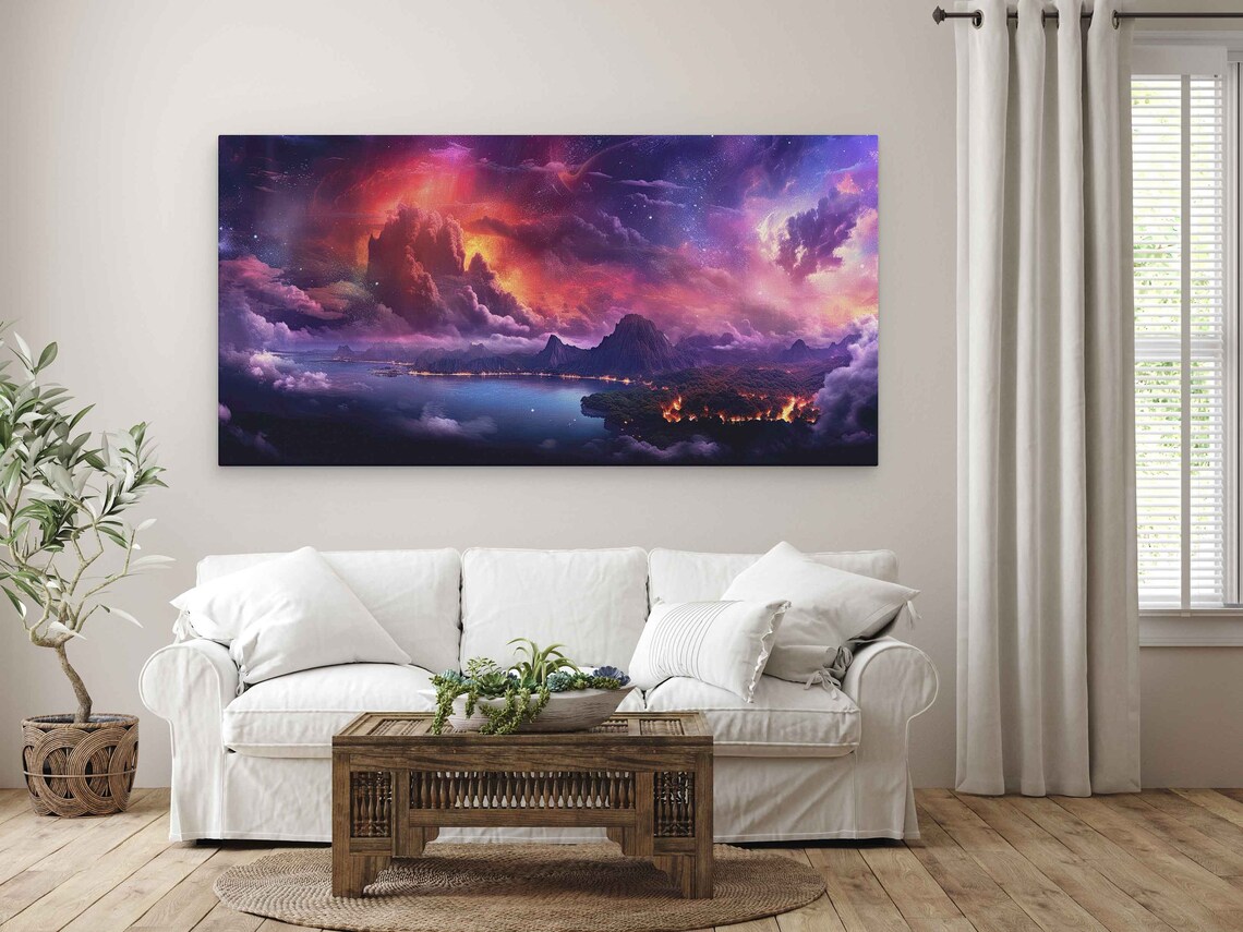 Photorealistic Landscape Print Colorful Night Sky Clouds Forest On Fire Framed Print Ready To Hang - Image 3