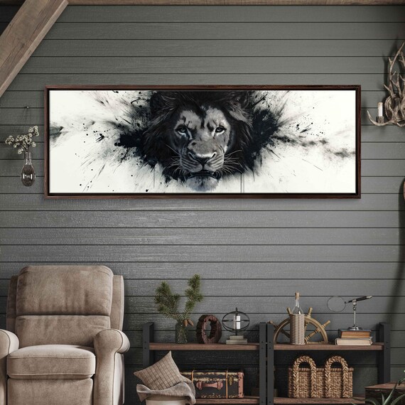 Lion Face Emerging from Bold Black Ink Splash on White Panoramic Wall Art Poster