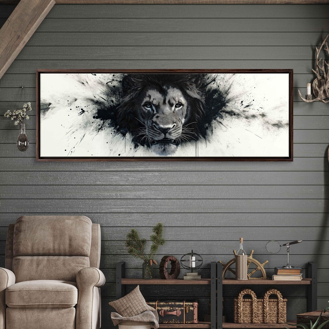 Lion Face Emerging from Bold Black Ink Splash on White Panoramic Wall Art Poster