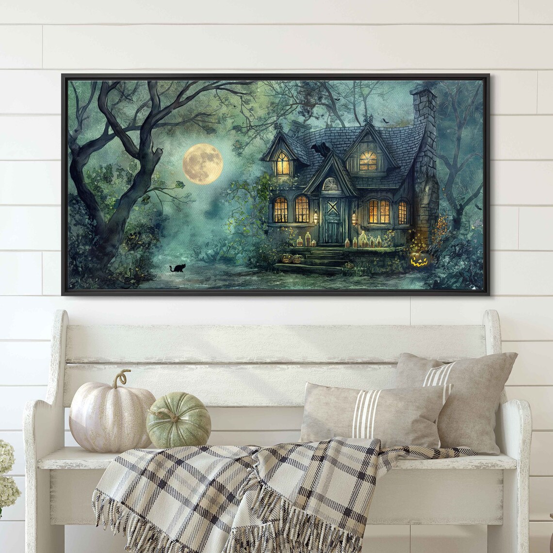 Haunted Stone Cottage In Moonlit Woods With Black Cats And Jack O Lanterns Poster - Image 3